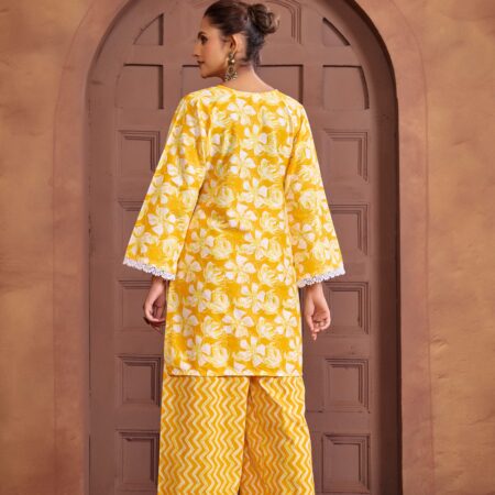 Yellow Cotton Printed Co-ord set - View 5 | PPAVAKEY Ethnic Wear