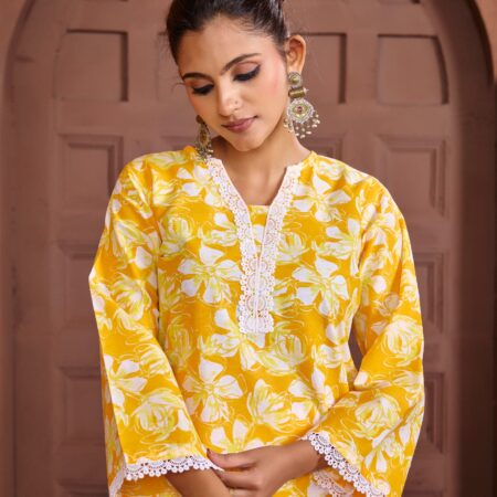 Yellow Cotton Printed Co-ord set - View 6 | PPAVAKEY Ethnic Wear