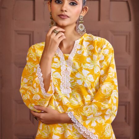 Yellow Cotton Printed Co-ord set - View 7 | PPAVAKEY Ethnic Wear