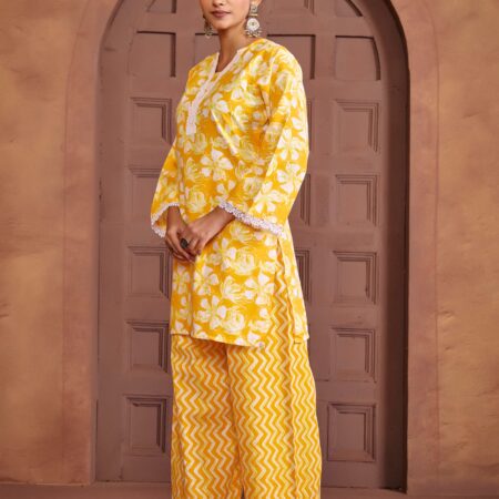 Yellow Cotton Printed Co-ord set - View 8 | PPAVAKEY Ethnic Wear