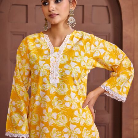 Yellow Cotton Printed Co-ord set - View 9 | PPAVAKEY Ethnic Wear