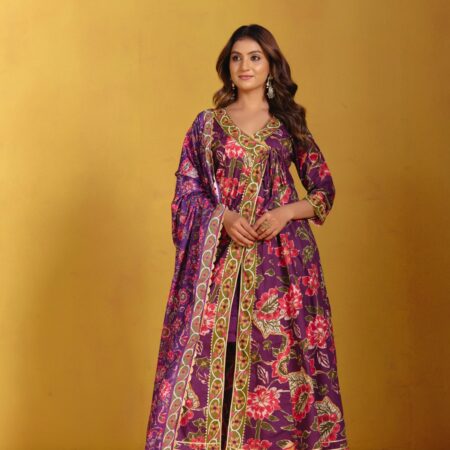 Violet Angrakha Kurta Set with Dupatta