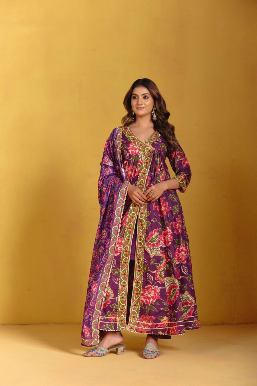 Violet Angrakha Kurta Set with Dupatta
