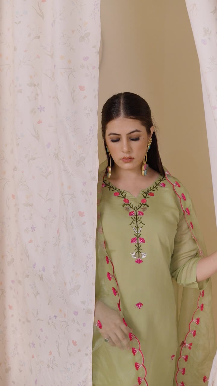 Mehendi Green Embroidered Kurti set with Dupatta — video