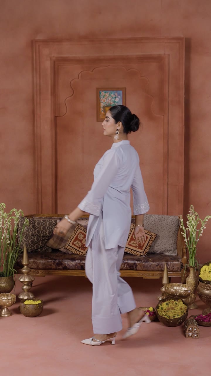 Grey Cotton Embroidered Kurta Set — video