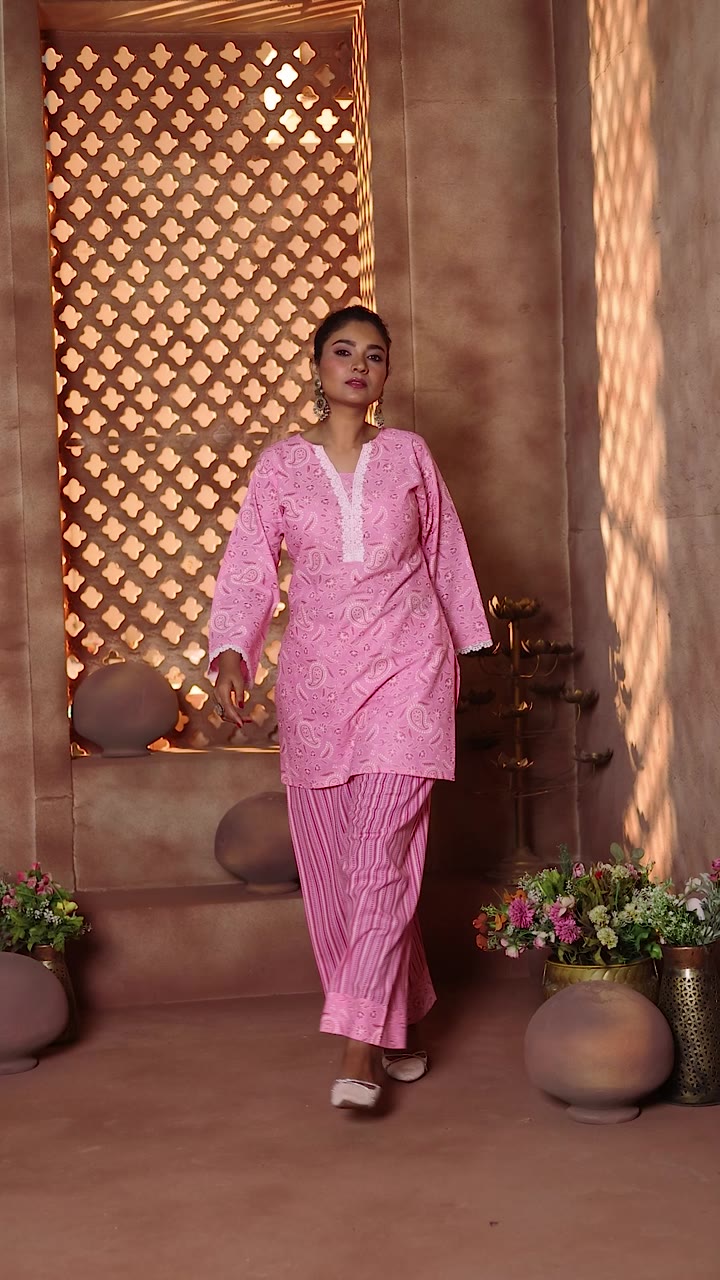 Pink Cotton Geometric Printed Co-ord set — video