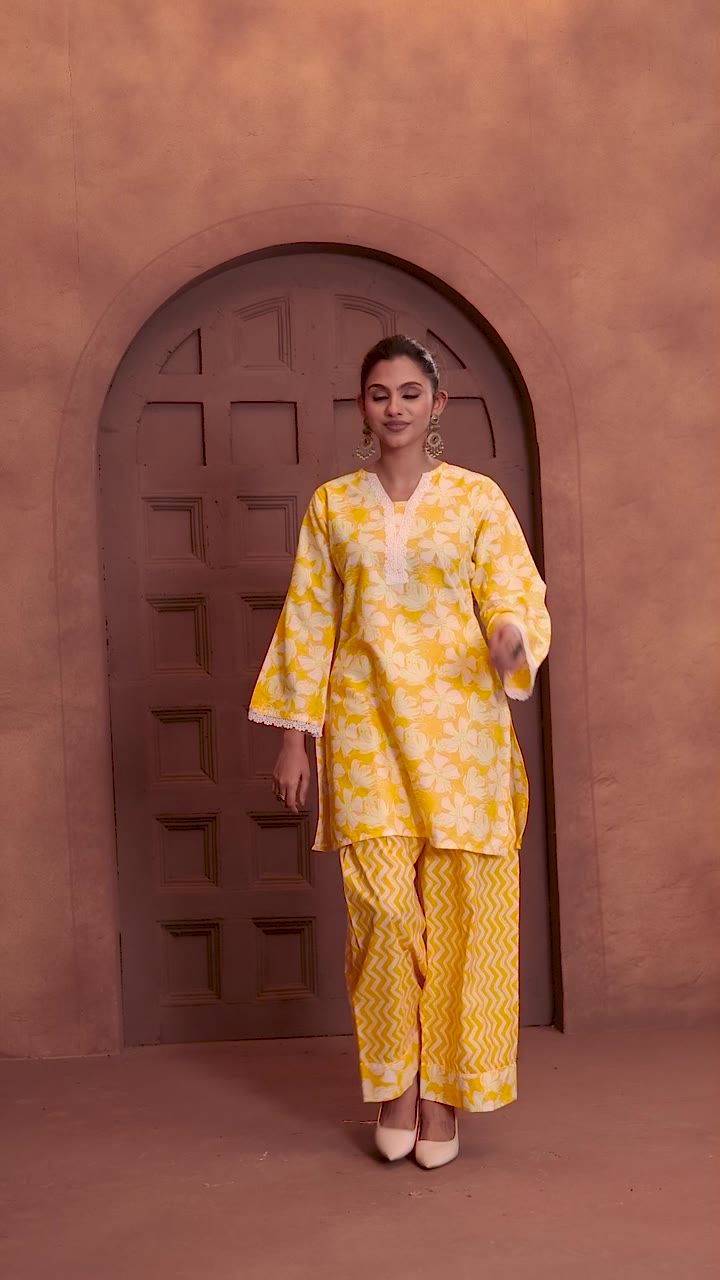 Yellow Cotton Printed Co-ord set — video