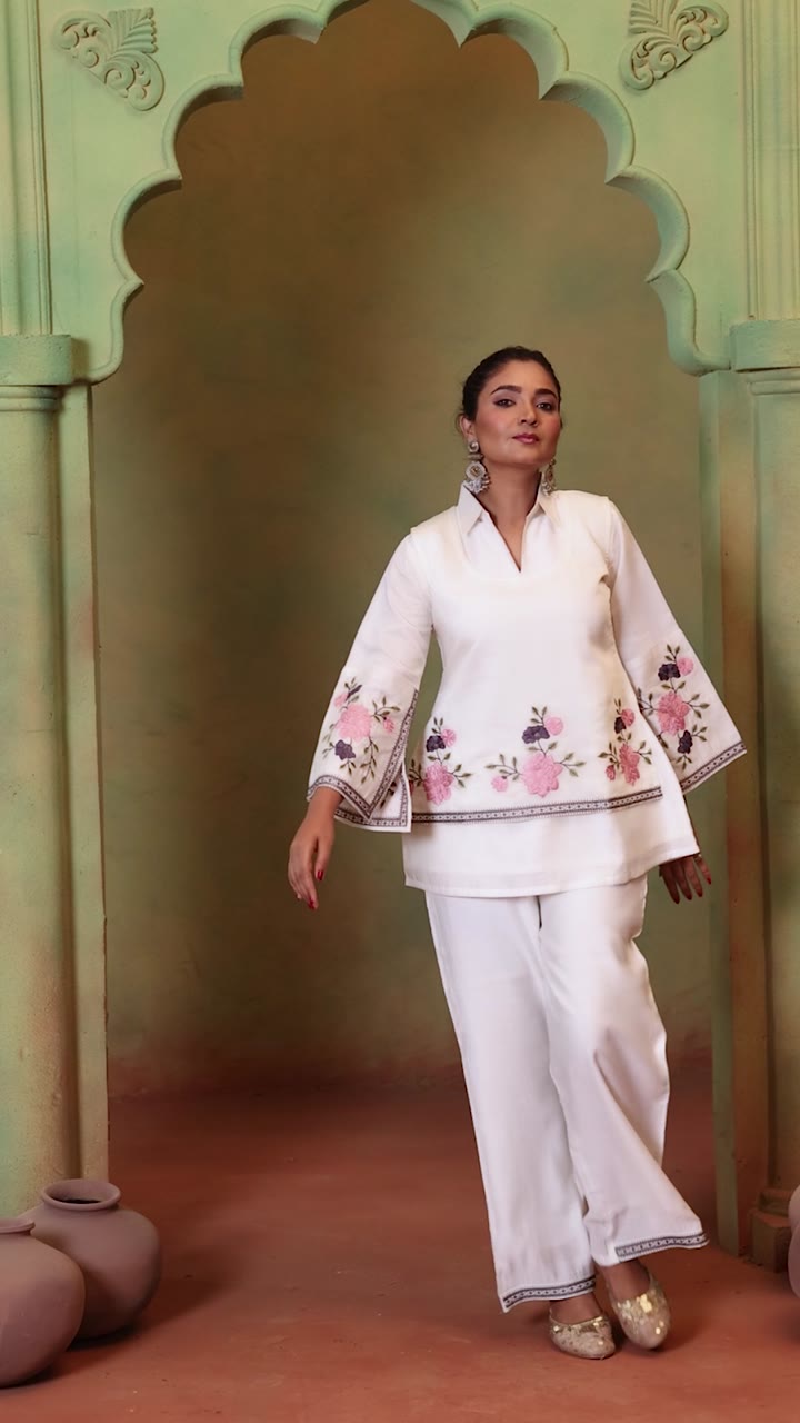 Off White Embroidered Co-ord Set with Jacket — video